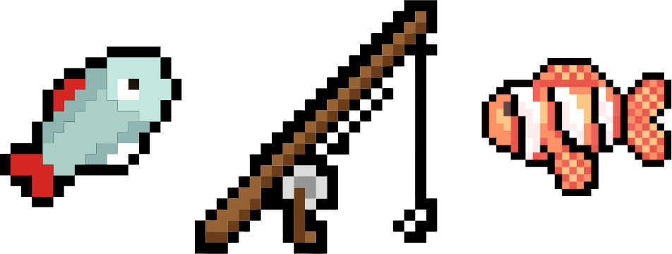 Pixel fish and a fishing rod